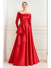 economico Abiti da Sera a Linea A-Linea ad A Lunghezza al pavimento Abito da Sera Elegante Manica Lunga Senza Spalle Matrimonio Formale Tasca Raso con Fiocco/Fiocchi Pieghe