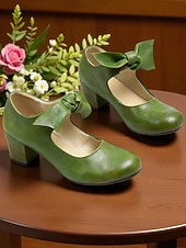 baratos Scarpins de salto bloco-Sapatos Mary Jane femininos vintage dos anos 1950 em couro sintético verde com detalhe de laço - estilo retrô elegante, perfeitos para eventos vitorianos e eduardianos e reuniões formais.