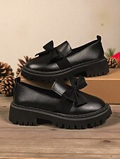 billige Slip-ons og loafers til kvinner-Kvinners burgunder patent lær slip-on loafere med bue – Chunky plattformsko uformelle utflukter daglig bruk og juletider