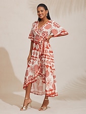 Недорогие Цветочные платья-Жен. Атласное платье длинное платье платье макси Оранжевый галстук спереди Отпуск XS S M