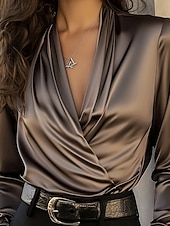 abordables Blouses Unies-Femmes Chemise en satin Chemise habillée Chemisier Froncé Couleur Unie Élégant Basique Occasionnel manche longue Col en V Hauts Réguliers Quotidien Extérieur Travail Noir Fuchsia Marron Vert