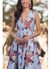 preiswerte Bodenlänge-A-Linie Bodenlang Kleid für Hochzeitsgäste Abendkleid Brautmutterkleid Ärmellos V Ausschnitt Elegant Hoher Schlitz Formell Hochzeitsgast Satin mit Druck