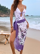 billige Onepiece badedrakter-Kvinners Én Bit Badedrakt Siksak Utskjæring med Skjørt Monokini Magekontroll Høy Midje Slank Ryggløs Ferie Strandantrekk Blomstret V Hals Ermeløse Badedrakter