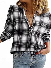 abordables T-shirt rayé et géométrique-Femmes Chemisier Hauts Élégants Boutons Plaid Uni Élégant ancien Classique manche longue Col en V Hauts Réguliers Quotidien Travail Fête Noir Rouge bleu marine Vert Automne Hiver