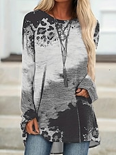 Χαμηλού Κόστους Τέχνη &amp; Σχεδίαση μπλουζάκι-Γυναικεία Μπλουζάκι Στάμπα Γραφική Γεωμετρία Βίντατζ Στυλάτο Καθημερινό Μακρυμάνικο Στρογγυλή Ψηλή Λαιμόκοψη Μακριές μπλούζες Καθημερινά Θαλασσί Πορτοκαλί Γκρίζο Φθινόπωρο Χειμώνας