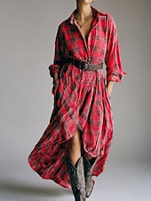 abordables Vestido a Rayas y Geométrico-Mujer vestido largo vestido largo Vestido de cuadros Vestido de Camisa Vintage Moderno Exterior Vacaciones Noche Holgado Plaid Manga Larga Cuello Camisero Amarillo Rojo Primavera Otoño