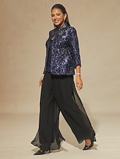 お買い得  レディースブラウススーツ-女性用 ブラウス 2 ピースの衣装 ドレッシーなトップス スパンコール 刺繍 フラワー エレガント 七分袖 スタンドカラー レギュラートップス パーティー ネイビーブルー 春 秋 冬