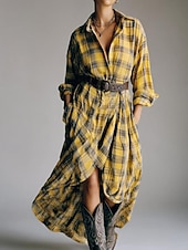abordables Vestido a Rayas y Geométrico-Mujer vestido largo vestido largo Vestido de cuadros Vestido de Camisa Vintage Moderno Exterior Vacaciones Noche Holgado Plaid Manga Larga Cuello Camisero Amarillo Rojo Primavera Otoño