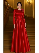 abordables Vestidos de Noche en A-Vestido de Noche A-Line Rojo Elegante Formal Vestido Formal de Boda Largo de Piso de Manga Larga Cuello Redondo de Saten Elástico con Flor en el Hombro