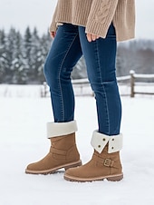 preiswerte Schnee- und Winterstiefel-Beige Wildleder-Schneestiefel für Damen, mittelhoch, mit Schnallenriemen – warme, mit Sherpa-Fleece gefütterte Winterstiefel für Outdoor-Aktivitäten im Schnee und auf Reisen
