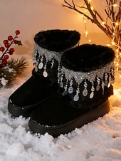 cheap Snow &amp; Winter Boots-Women's Beige Faux Fur Snow Boots with Rhinestone Tassel Fringe – Warm Platform Ankle Booties for Winter Parties, Christmas &amp; Holiday Fashion