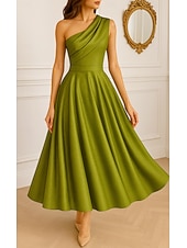 cheap Cocktail Dresses-A-Line Ankle Length Cocktail Dresses Elegant Daily Sleeveless One Shoulder Formal Wedding Guest Taffeta with Pleats Slit