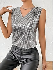 economico Serbatoio Semplice-Per donna Canotta a canotta Paillettes Tinta unica Festa Elegante Senza Maniche Scollo a V Top Regolari Ferie Uscire Argento Oro Estate Primavera Autunno