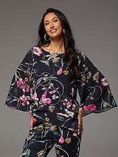 abordables camisas, tops y blusas-Blusa de mujer negra floral, manga 3/4, suelta, cuello redondo, informal, elegante, para vacaciones, primavera, verano y otoño.