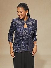 お買い得  レディースブラウススーツ-女性用 ブラウス 2 ピースの衣装 ドレッシーなトップス スパンコール 刺繍 フラワー エレガント 七分袖 スタンドカラー レギュラートップス パーティー ネイビーブルー 春 秋 冬