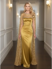 abordables Robes de bal-Sirène / Trompette Fourreau / Colonne Longueur au sol Robe de bal avec cape Robe de Soirée Tenue de soirée Élégant Scintillant Éclat Sans manches Col Rond Formel Mariage Satin Pailleté avec