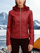 economico Giacche in finta pelle-Per donna Giacca in Ecopelle Giacca in Pile Impermeabile Confortevole Tasca Cerniera completa Foderato in pile Moda Stile da Strada Semplice All&#039;aperto Casual Quotidiano Regolare Con Cappuccio