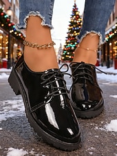 economico Scarpe oxford da donna-scarpe stringate stringate in similpelle verniciata bordeaux da donna: stile natalizio festoso, perfette per le riunioni di festa, le gite invernali e gli eventi stagionali