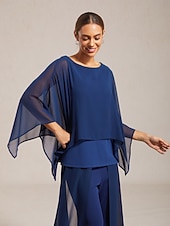 economico Bluse e camicie-Top da donna in chiffon modal blu royal con scollo rotondo e maniche a mantella, elegante, alla moda, lussuoso, casual, per le vacanze, primavera, estate, autunno