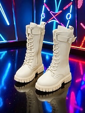 tanie Kozaki dziecięce-Buty dla dzieci w stylu koreańskiej gwiazdy popu inspirowane idolką - białe skórzane buty bojowe z paskiem na klamrę, idealne na występy, imprezy i do modnych stylizacji