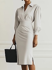 tanie czarna sukienka midi-Damskie Długa sukienka sukienka maxi Czarna sukienka Sukienka ołówkowa Elegancja Moda Nowoczesny Codzienny Biuro Święto Regularny Równina Długi rękaw W serek Czarny Rumiany róż Jasnoszary Beżowy