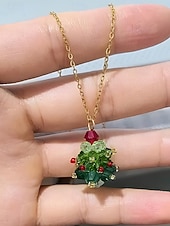 ieftine Cercel de damă-Bijuterii acrilice de Crăciun pentru femei – colier și cercei cu brad festiv și funde roșii, perfecți pentru petreceri și sărbători