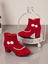 preiswerte Stiefeletten-Rote Damen-Ankle-Boots mit Imitationsperlenbesatz – eleganter Festtagsstil, weiches Futter, praktischer seitlicher Reißverschluss, perfekt für Weihnachtsfeiern, Winteroutfits, Familienfeste und als Geschenk.