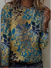 levne květinové tričko-Dámské tričko grafický květinový rostliny vintage móda stylové dlouhý rukáv crew neck kulatý výstřih pravidelné topy každodenní víkendový potisk hnědá jaro podzim zima