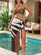 Χαμηλού Κόστους Σετ μπικίνι 3 τεμαχίων-Γυναικείο Μαγιό Bikini 3 τμχ Σορτς Παλάμη Λεπτό Μη Πίσω Διακοπές Παραλία Ένδυση Ριγέ V Λαιμός Αμάνικο Μαγιό