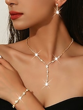 abordables Collier pour femme-Ensemble de bijoux pour femme en strass dorés : collier élégant en forme de Y et boucles d’oreilles pendantes &amp;Bracelet, accessoires en cristal étincelants pour bals de fin d'année et fêtes