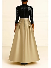 cheap Tuxedo Dresses-Tuxedo Dress Black Sequin Dress Formal Wedding Wedding Guest Satin A-line Dress Elegant 3/4 Sleeve Pleated Floor Length Peaked Lapel Hidden
