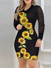abordables Robes fleuries-Femmes Mini Robe Robe fourreau Occasionnel Extérieur Sortir Coupe Slim Fleuri Tournesol manche longue Col en V Jaune / Noir Noir Jaune Printemps Automne