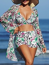 tanie 3-częściowy zestaw bikini-Kobiece bikini 3-częściowy strój kąpielowy szorty smukły bez pleców na wakacje plażowe ubranie kwiatowy dekolt V bez rękawów