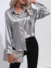abordables Blouses Unies-Femmes Chemise Elegant Haut en satin Chemisier Boutons Uni Élégant ancien manche longue Col de chemise Hauts Réguliers Fête Sortir Jaune Rouge Bleu Roi Rose Gris Été Printemps