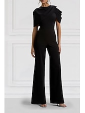 preiswerte Overalls für Mütter-Overalls Bodenlang Brautmutterkleid Kurzarm Rundhalsausschnitt Elegant Einfach Formell Hochzeitsgast Familientreffen Stretchstoff mit Einfarbig