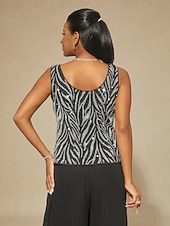  女性用 ドレッシーなトップス ツインセット スパンコール ラインストーン 動物 レオパード エレガント パーティー レディース 七分袖 スタンドカラー レギュラートップス パーティー パーティーイブニングウェア パーティー衣装 Sliver 春 秋 冬