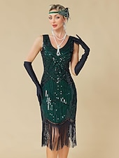 baratos Vestidos dos anos 1920-Conjunto Loucos anos 20 Anos 20 Até os Joelhos Vestidos Vestido melindroso Roupa com acessórios Sem Mangas O Grande Gatsby charleston Paetês Franjas Pena Decote V Fantasia Mulheres Carnaval Ano Novo
