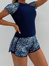 economico Tankini-Costume da bagno tankini da donna 2 pezzi pantaloni corti palmo controllo pancia vita alta slinguato senza schiena vacanza in spiaggia scollatura rotonda floreale con maniche corte