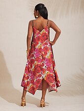 billiga Semesterklänningar-Dam Bandklänning Solklänning Sommarklänning Midiklänning Rubinrött Rem Tryck Reste sig Blommor V-ringad Mönster Asymetrisk fåll Vår &amp; sommar V-hals Sexig V-Front semester klänning Semester S M L