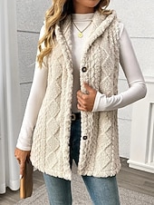 זול ווסט-בגדי ריקוד נשים אפוד פליסה וסט נוח נושם כפתורים יום יומי אחיד חופשה רחוב קזו'אל לבוש יומיומי חזה יחיד ארוך עם קפוצ'ון רגיל ללא שרוולים הלבשה עליונה פול שחור לבן אביב סתיו