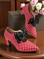  Rote Damenpumps im Vintage-Stil der 1950er Jahre mit Polka-Dots und schwarzer Satinschleife – vom edwardianischen Stil inspiriert, perfekt für Retro-Partys, den Alltag und besondere Anlässe.