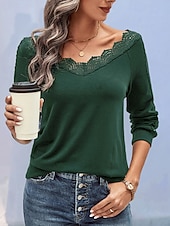 abordables T-shirt uni-Femmes Chemisier Dentelle Patchwork Uni Actif Occasionnel manche longue Col en V Hauts Réguliers Quotidien Fête Sortir Vert Emeraude Gris foncé Été Automne