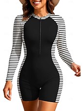 baratos Rash Guards de Uma Peça-Mulheres Anti Atrito Maiô de surfe de uma peça Roupa de banho Geométrica Riscas Bloqueio de cores Zip Up Com sutiã embutido Bojo Removível Proteção Solar UV UPF50+ Ultra Leve (UL) Manga Longa Roupa