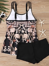 رخيصةأون مايوهات تانكيني-بدلة سباحة نسائية تانكيني قطعتين شورتات تحكم في البطن عالية الخصر نحيف بدون ظهر ملابس شاطئ إجازة مزينة بأنماط بيزلي برقبة على شكل حرف U بدون أكمام