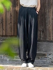 voordelige Damesbroeken en rokken-Dames Imitatie katoenlinnen Broek Zomerbroek Wijde broek Vakantie Vintage Etnische stijl Volledige lengte Hoge taille Inelastisch Strand Straat Causaal Bean Green Ruwe hennep kleur Zwart Marineblauw