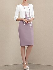 abordables Ensembles de robes pour maman-Deux Pièces Fourreau Colonne Ensembles de Robes Mi-long Robe d'invité de mariage Robe de Mère de Mariée  Manche 3/4 Bijoux Élégant robe demoiselle d honneur Église Chiffon Satin Dentelle Robes avec