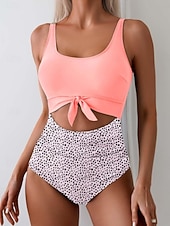 preiswerte Einteilige Badeanzüge-Damen Einteiler Badeanzug Sexy Cutout Monokini Bauchkontrolle Hohe Taille Slim Rückenfrei Urlaub Strandbekleidung Polka Dot Farbblock U-Ausschnitt Ärmellose Bademode
