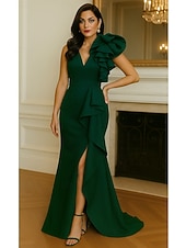 cheap Mermaid Evening Dresses-Mermaid Trumpet Floor Length Prom Dresses Evening Gown Ball Gown Formal Dress Elegant Short Sleeve Crew Neck Wedding Formal Stretch Crepe with Ruffles