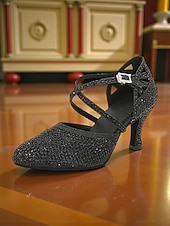 abordables Años 1920 &amp; Era Gatsby-Zapatos de baile latino profesionales para mujer, plateados con purpurina: tacones de salón con tiras cruzadas para salsa, tango, vals y competiciones de baile.