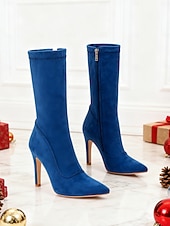 ieftine Botine-Ghete roșii cu vârful ascuțit din piele întoarsă pentru femei – ghete elegante cu toc înalt și fermoar pentru petreceri de Crăciun, ocazii speciale și modă de iarnă